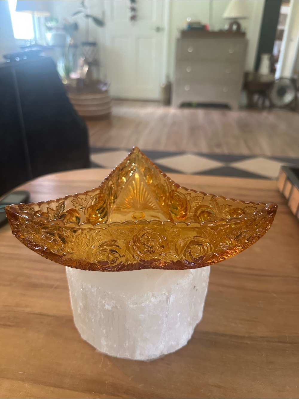 Vintage amber glass dish footed roses